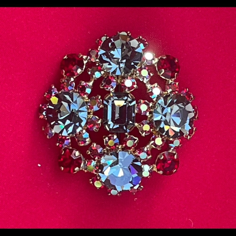Attrib to: Juliana or Schreiner Aurora Borealis,Red Crystal Vintage Glass Brooch